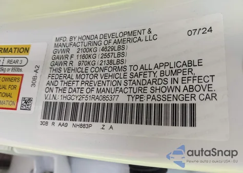 2024 Honda Accord Hybrid Sport из США, поврежденный, VIN 1HGCY2F51RA085377